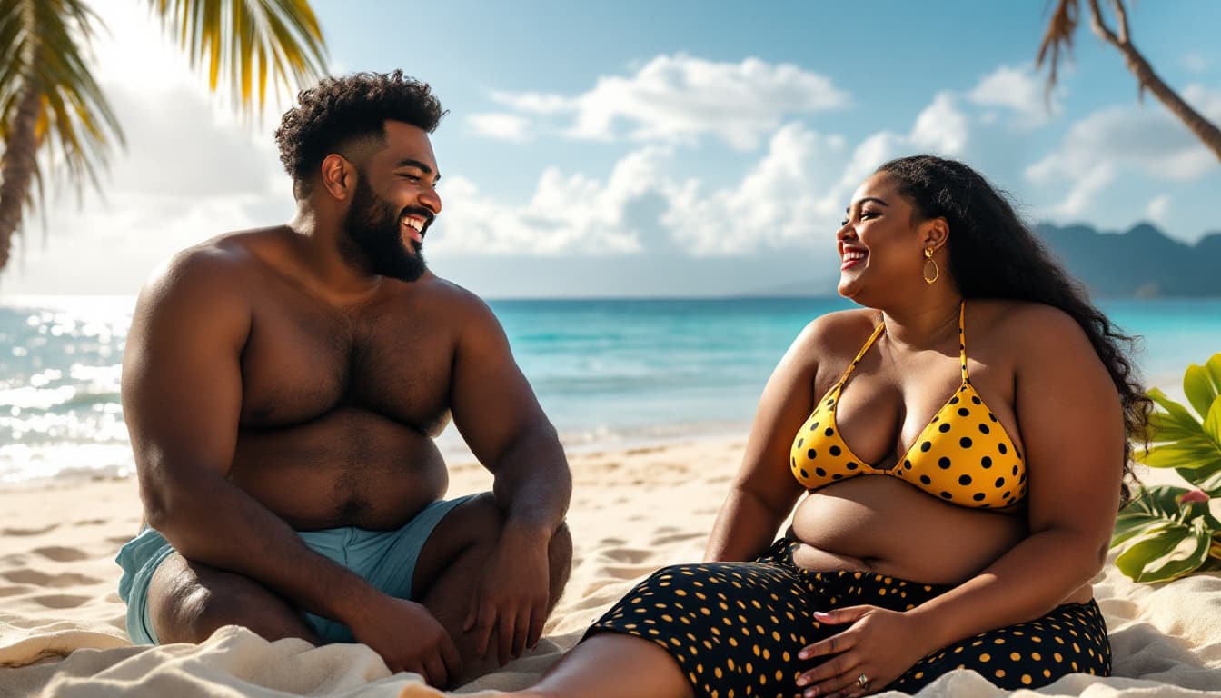 AI generated: hot Indian smiley sexy slightly plus size man and woman laughing out loud with a sexy man, the girl ...