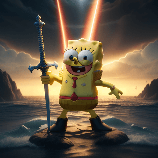 AI generated: Spongebob is the mightiest god with a sword, red eyes, heroic pose, divine and celestial light, mast...