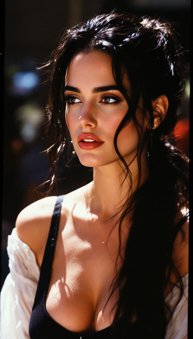 AI generated: 80's Polarized photo , Jennifer Connelly,ponytail hairstyle, feeling.
