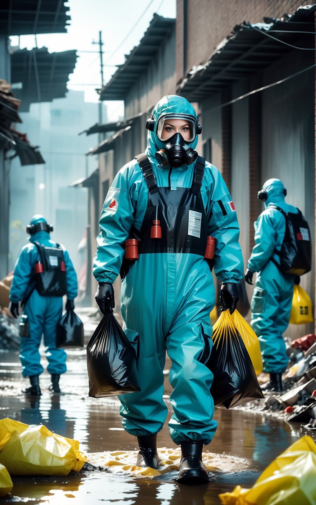 AI generated: (People in chemical suits:1.3), (remove garbage into large black bags:1.3), (radioactive puddles and...