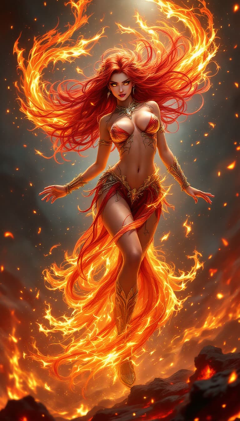 AI generated: The Phoenix Flame Dancer: A powerful and passionate warrior with long, flowing, vibrant red hair tha...