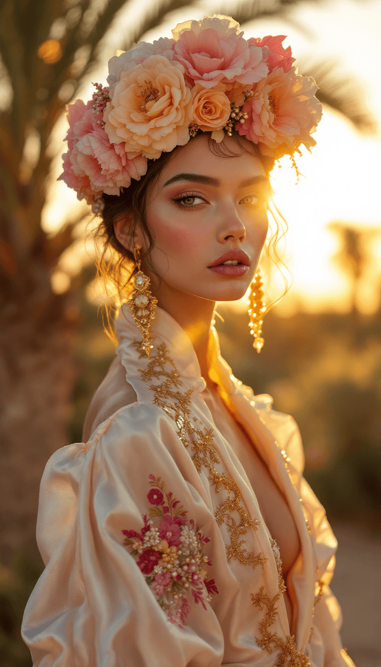 AI generated: fashion editorial shot by Tim Walker in a Moroccan farm, luxury silk resort wear, gorgeous female mo...
