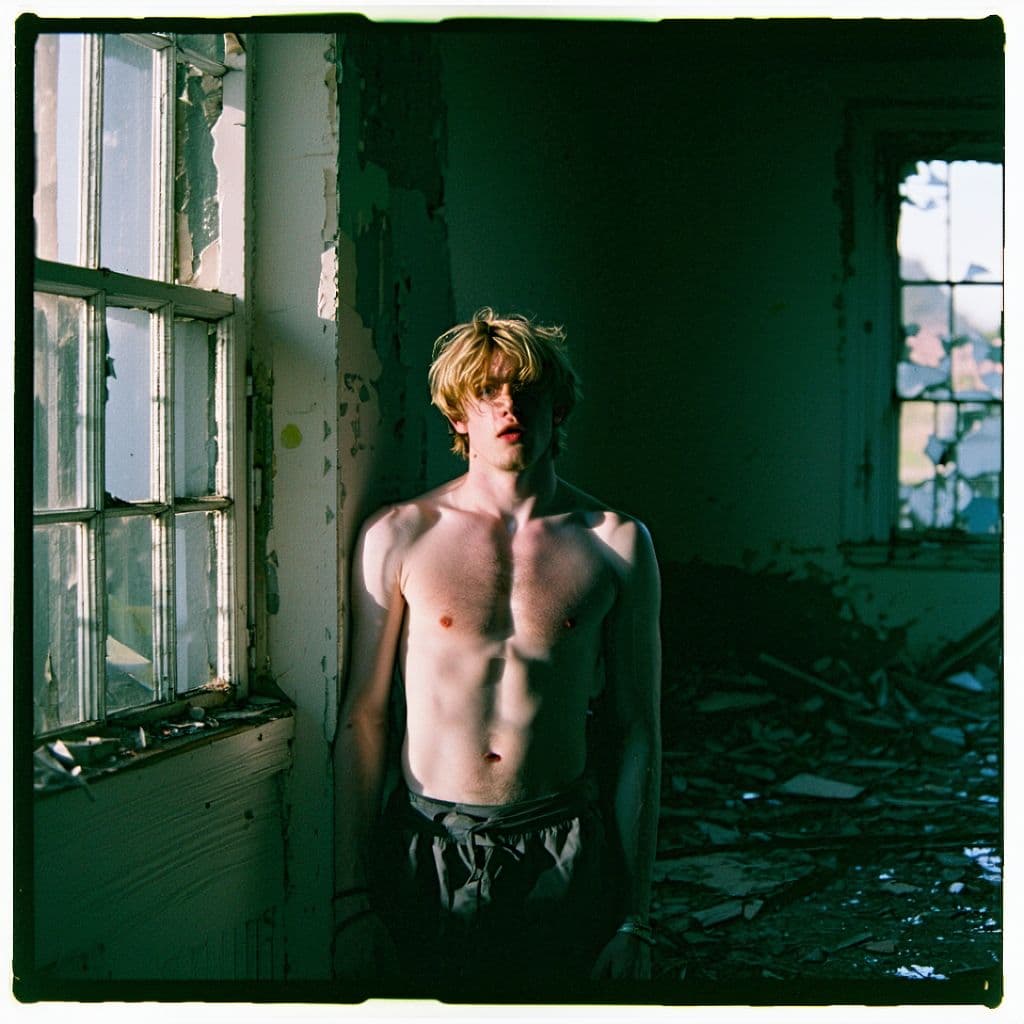 AI generated: grainy 80's photograph quality polaroid of logan paul suicide caught in an abandoned house, dark