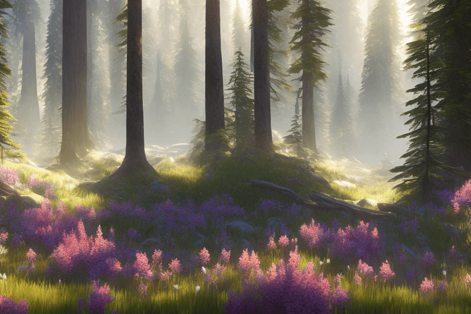 AI generated: pacific northwest, forest, wildflowers, unreal engine, watercolor, epic dreamlike fantasy landscape,...