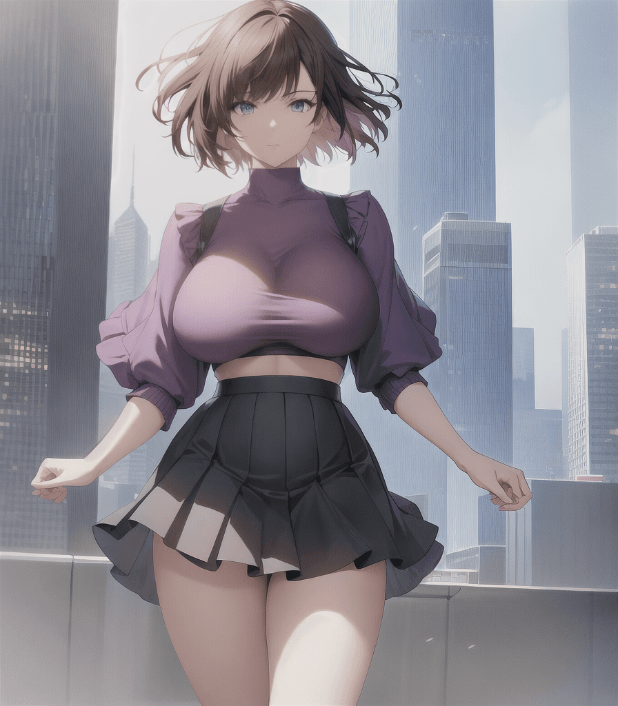 AI generated: perfect anime illustration, 1girl, woman, short hair, brown hair, (huge breasts blue crop top, ruffl...