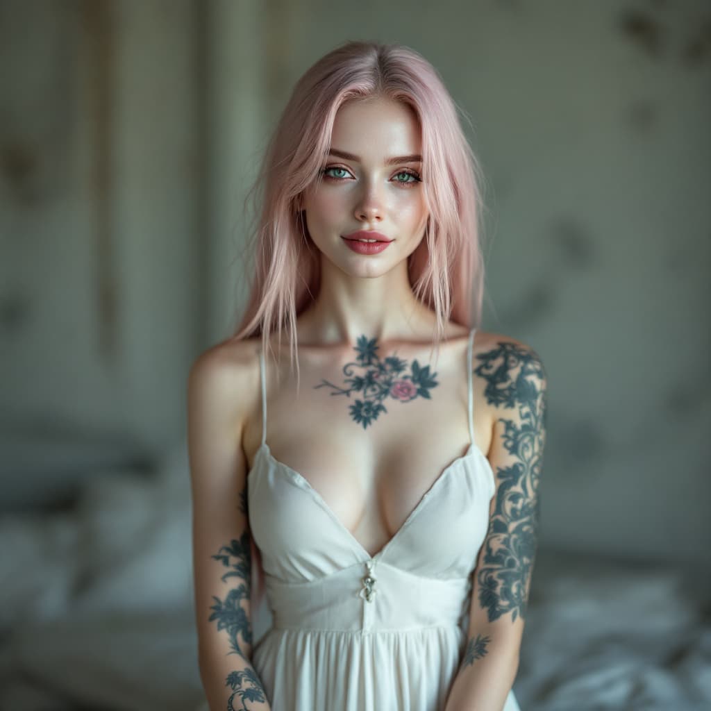 AI generated: High resolution photography 8K of an anorexic tall and slender 25-year-old woman with long, pink hai...