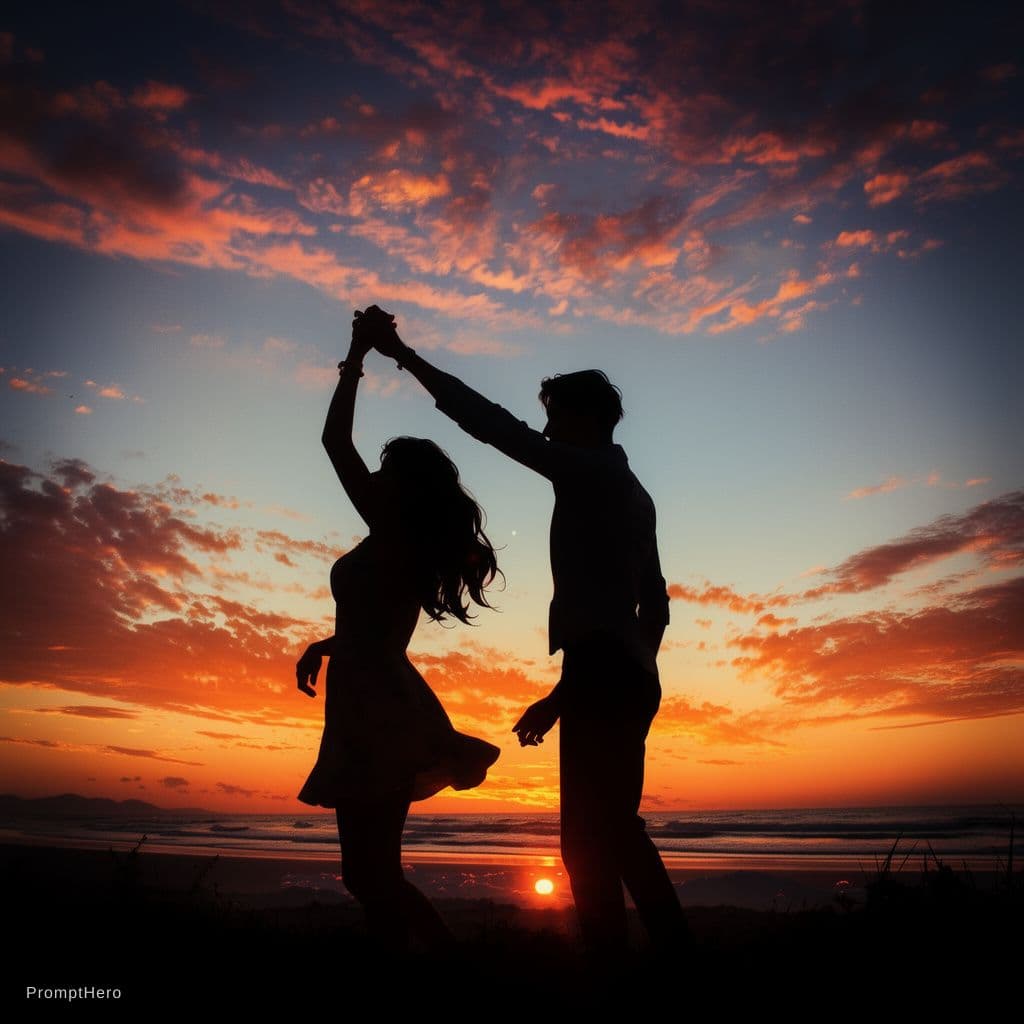 AI generated: Against the backdrop of a vibrant sunset, a young couple dances joyfully in the center of the frame....