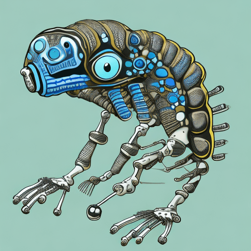 AI generated: "A friendly, stylized caterpillar with body segments resembling human joints and bones, equipped wit...