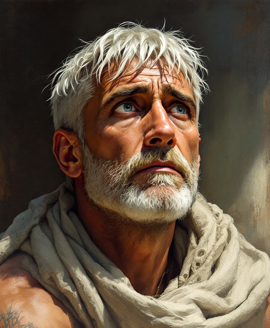 AI generated: Portrait view, painting style, 23 year old man, with sad eyes, looking around, short white hair and ...