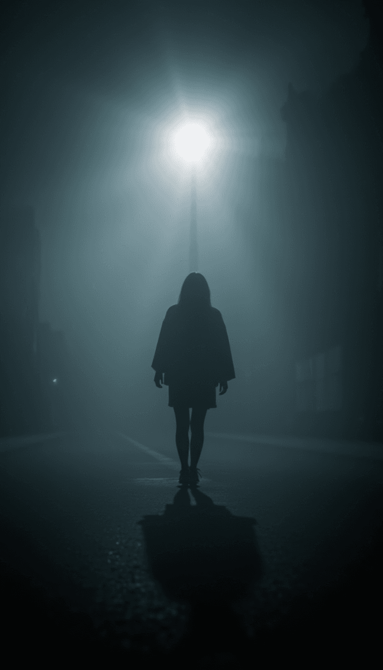 AI generated: woman, walking through dense fog at night, diffused moonlight shines through the fog, aidmaExperimen...