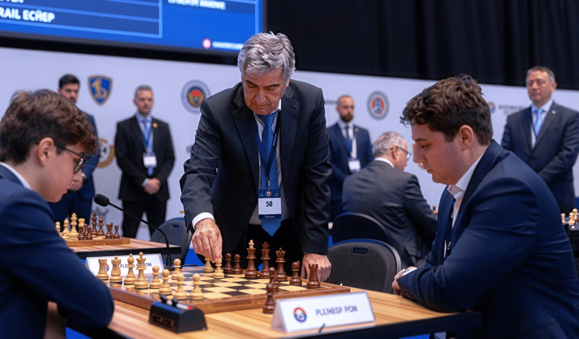 AI generated: Photorealistic editorial photograph of an international chess opening ceremony, strictly matching th...