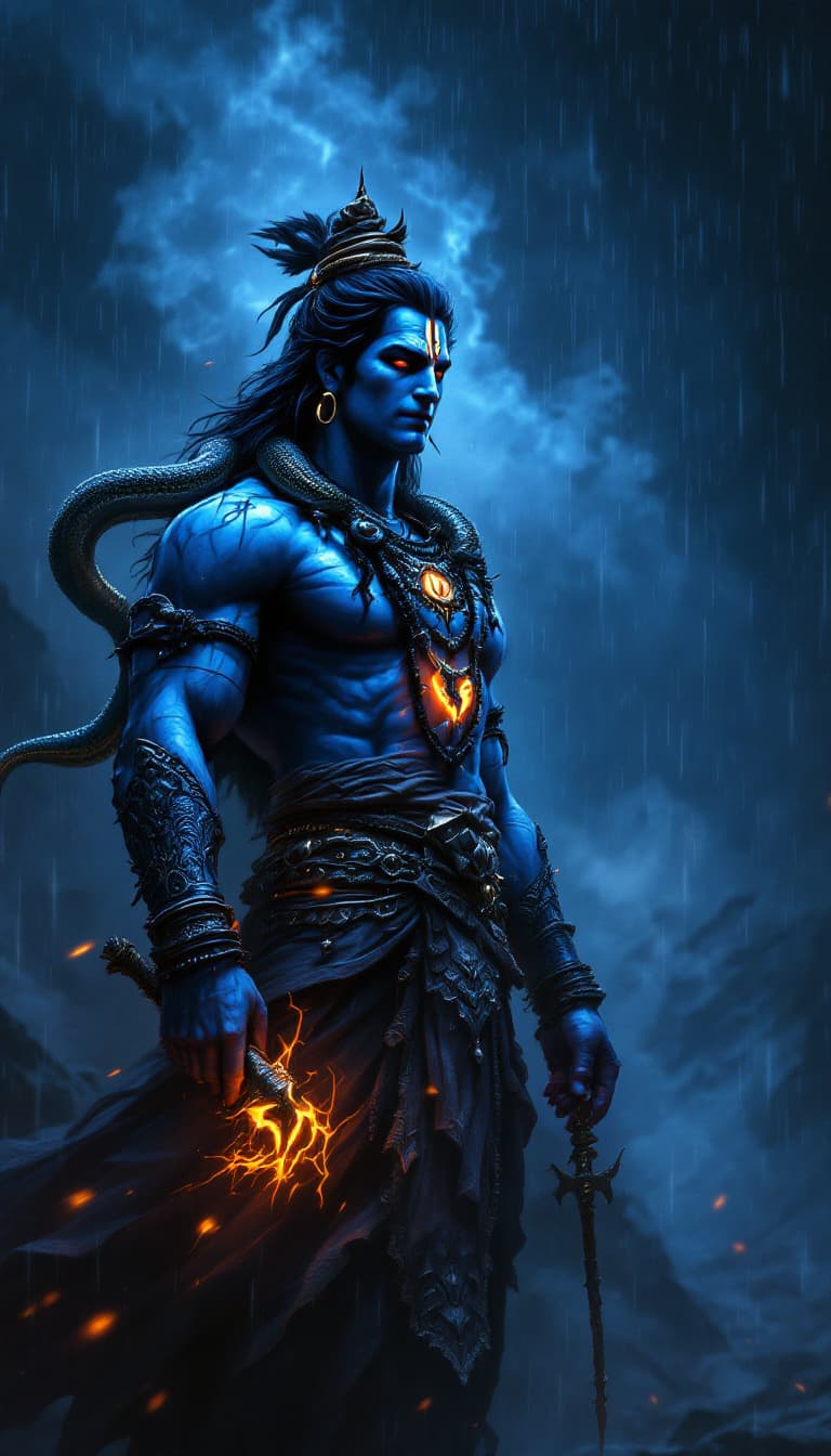 AI generated: digital wallpaper, Lord Shiva the warrion, big cobra on his neck like a neckless, trishul in his han...