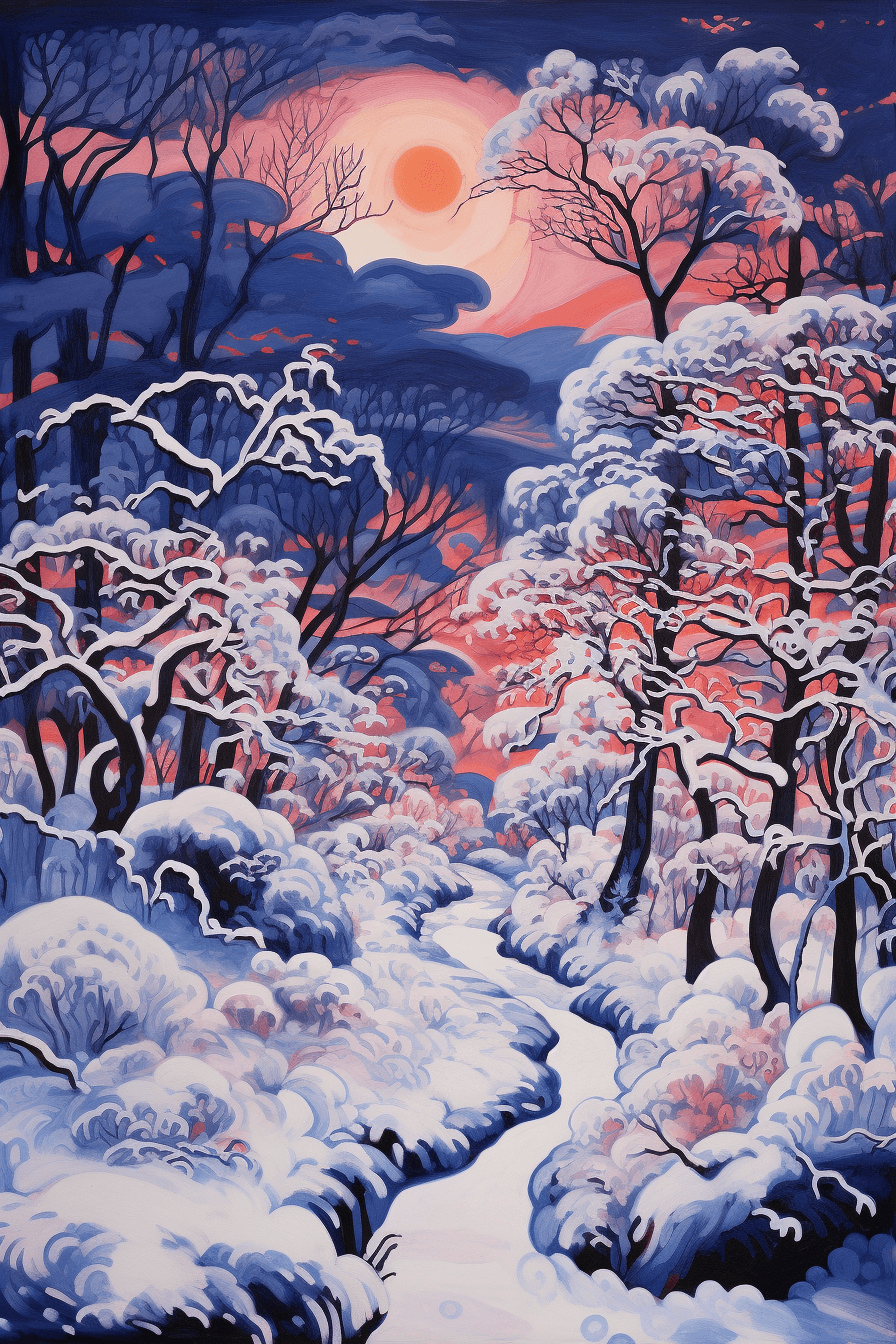 AI generated: The wilderness of a snowy landscape, romanticism movement, inspired by Raoul Dufy, cool color scheme...