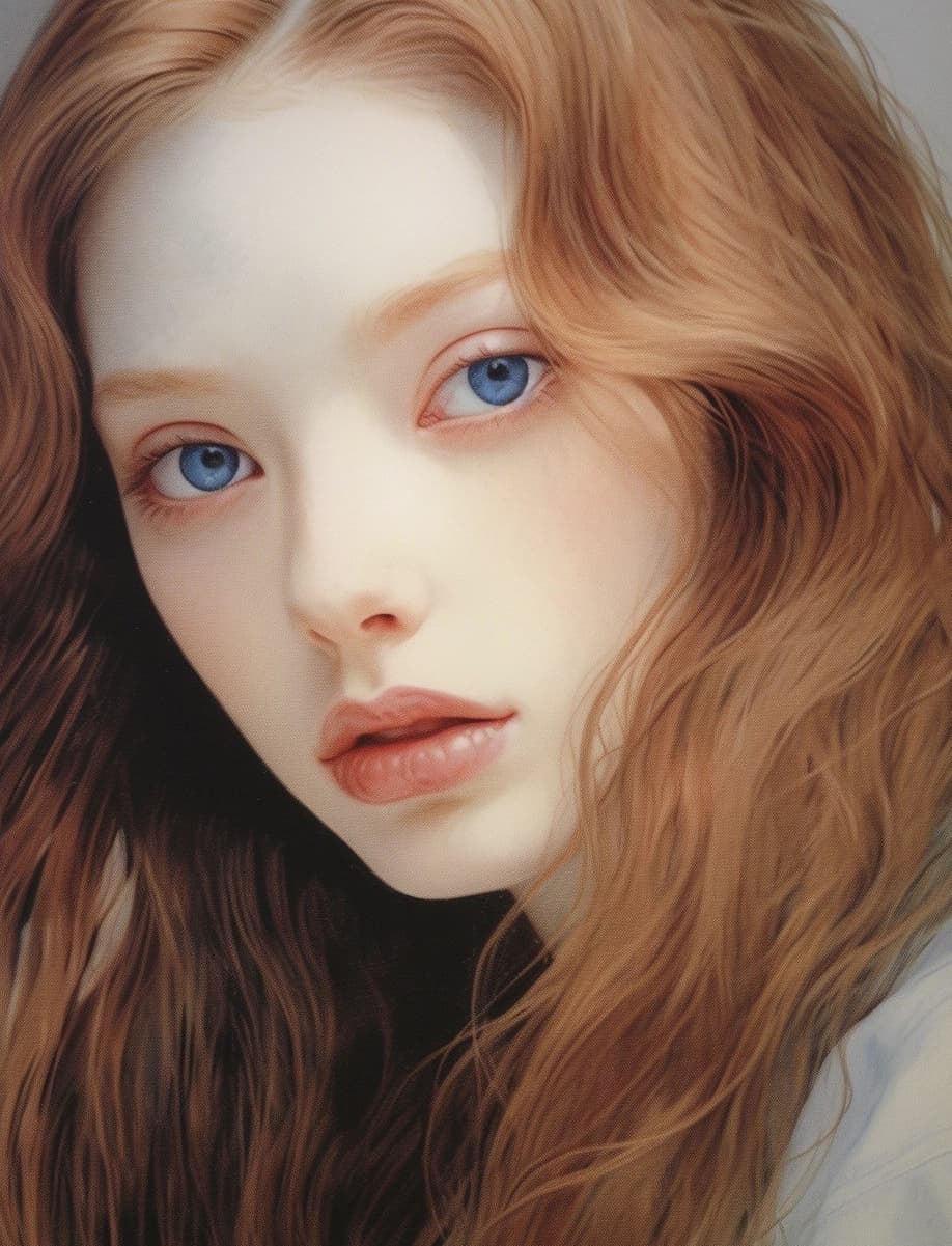 AI generated: a close up of a person with long hair, a picture, shin hanga, magazine ad, light brown hair blue eye...