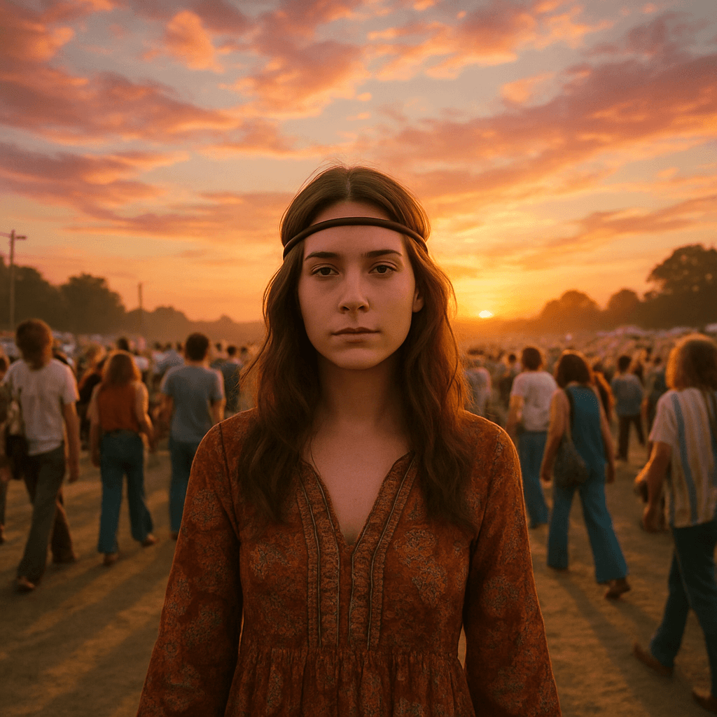 AI generated: In the buzzing heart of Woodstock during August of 1968' enduring under a kaleidoscope sky filled wi...