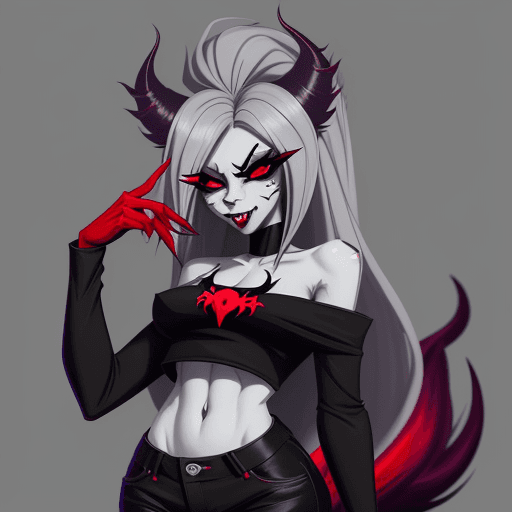 AI generated: (Vivziepop style), anthro, canid, canid demon, demon, female, hellhound, helluva boss, instagram, (l...