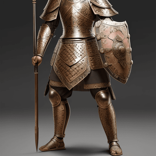 AI generated: ancient, majapahit armor,  12th century, bronze, detailed pattern, weapon, shield, spear
