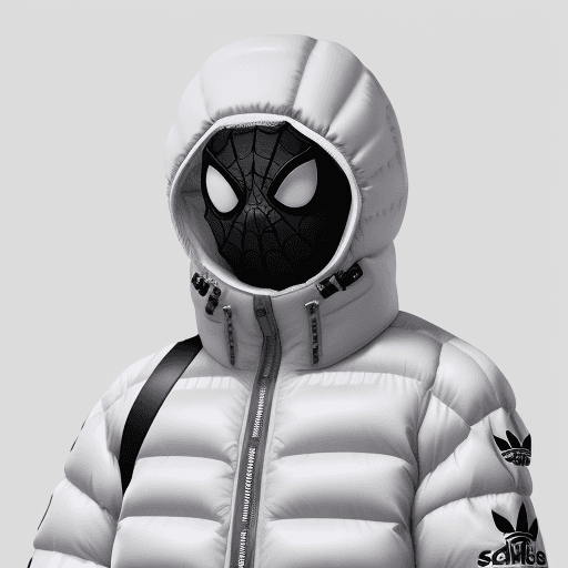 AI generated: milky adidas winter spiderman puffer jacket, design trend, design by kanye west, on a white backgrou...