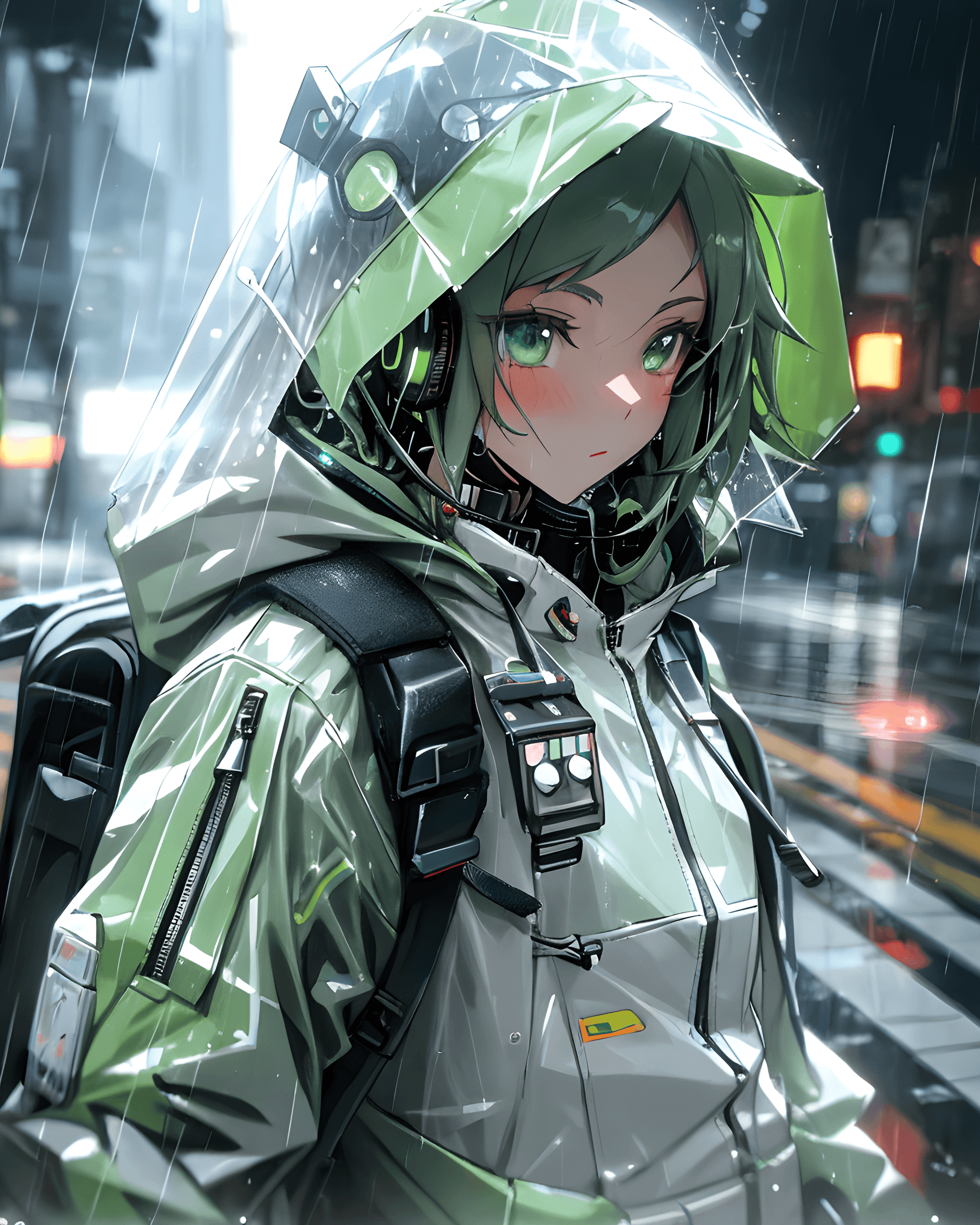 AI generated: a close up of a person with a backpack in the rain, cyberpunk art, pixiv, render of a cute 3d anime ...