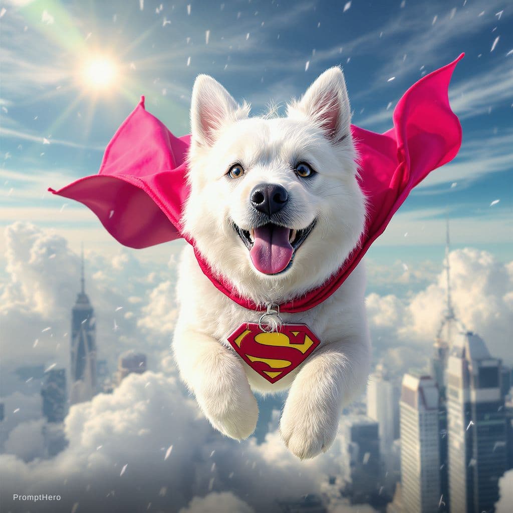 AI generated: white dog like the reference, flying happy like a superhero 