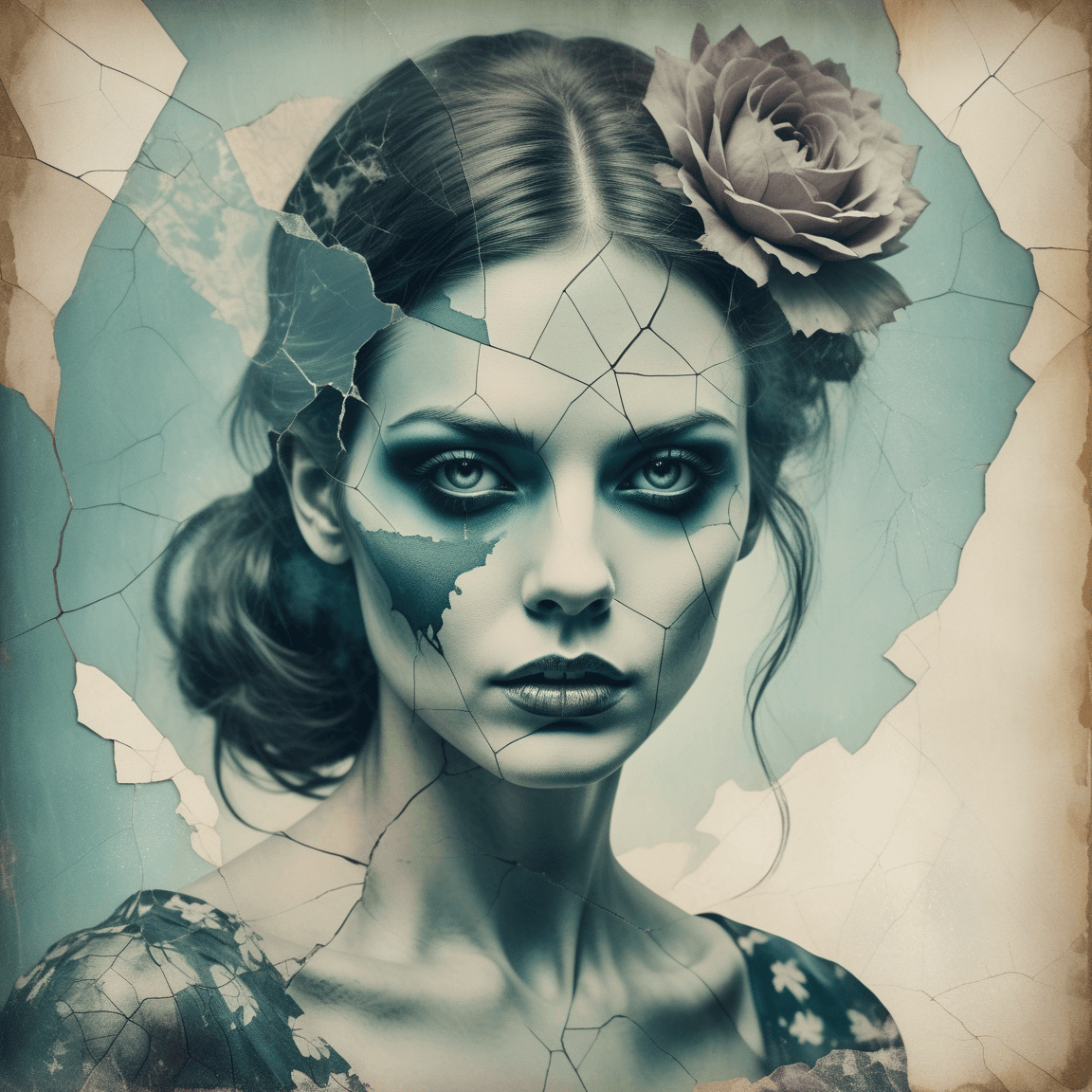 AI generated: A beautiful female zombie, double exposure, surreal artwork, printed on cracked paper, artful, aesth...