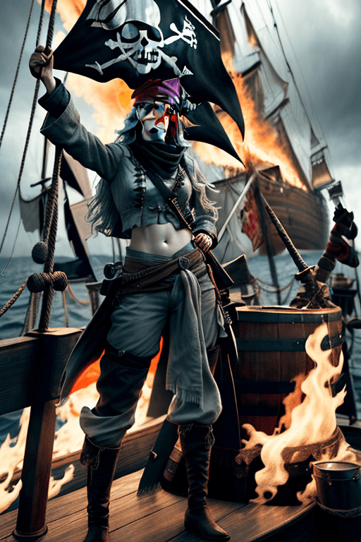 AI generated:   Head to toe image ,  pirate female standing on deck of vessel ,grinning,black bandana on head, foo...