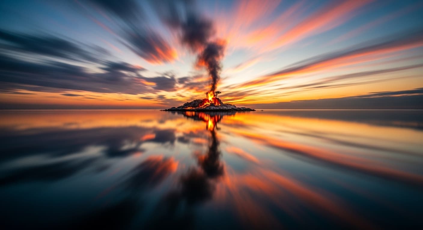 AI generated: A surreal and breathtaking landscape. A tiny, rugged island on fire and smoke, possibly with a lone ...