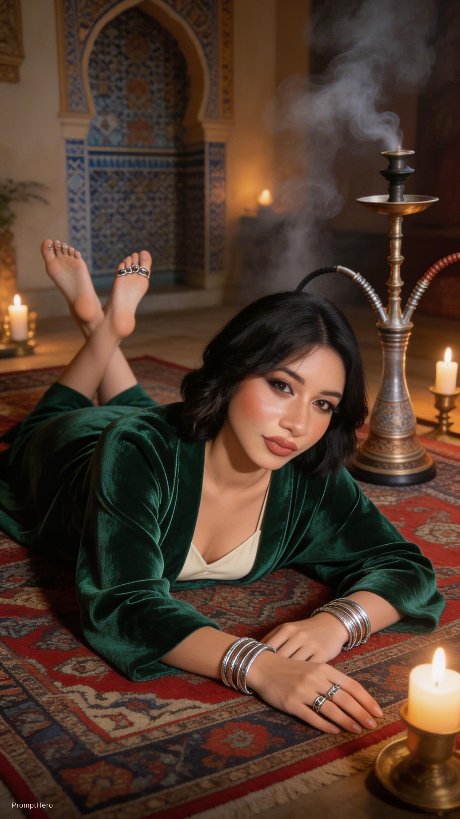 AI generated: A curvy, pale-skinned woman with an ink-black, chin-length bob and smoldering smoky eyes lounges sed...
