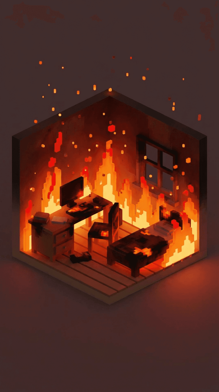 AI generated: a 3d room with full off fire ans sparks
