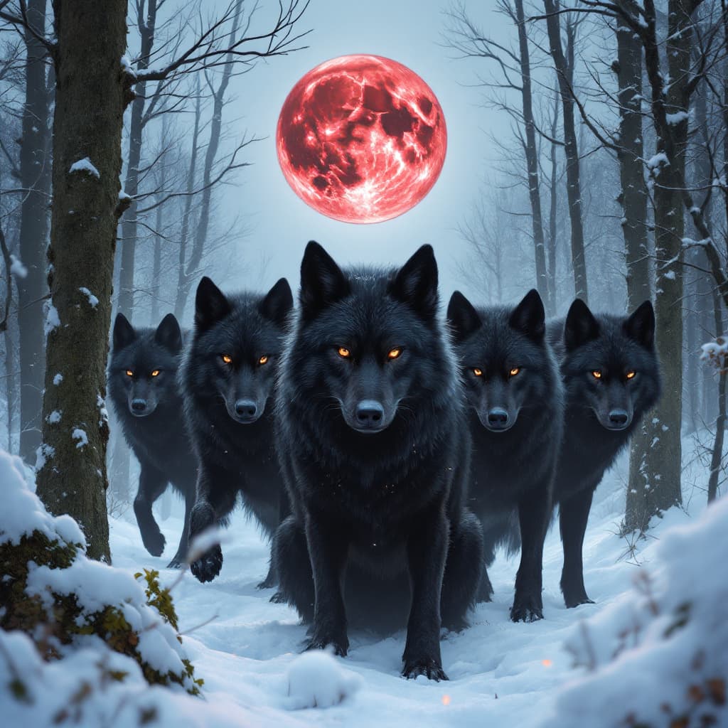 AI generated: Five black wolves in a snowy forest, their gaze was fearsome, a blood moon was forming in the sky
