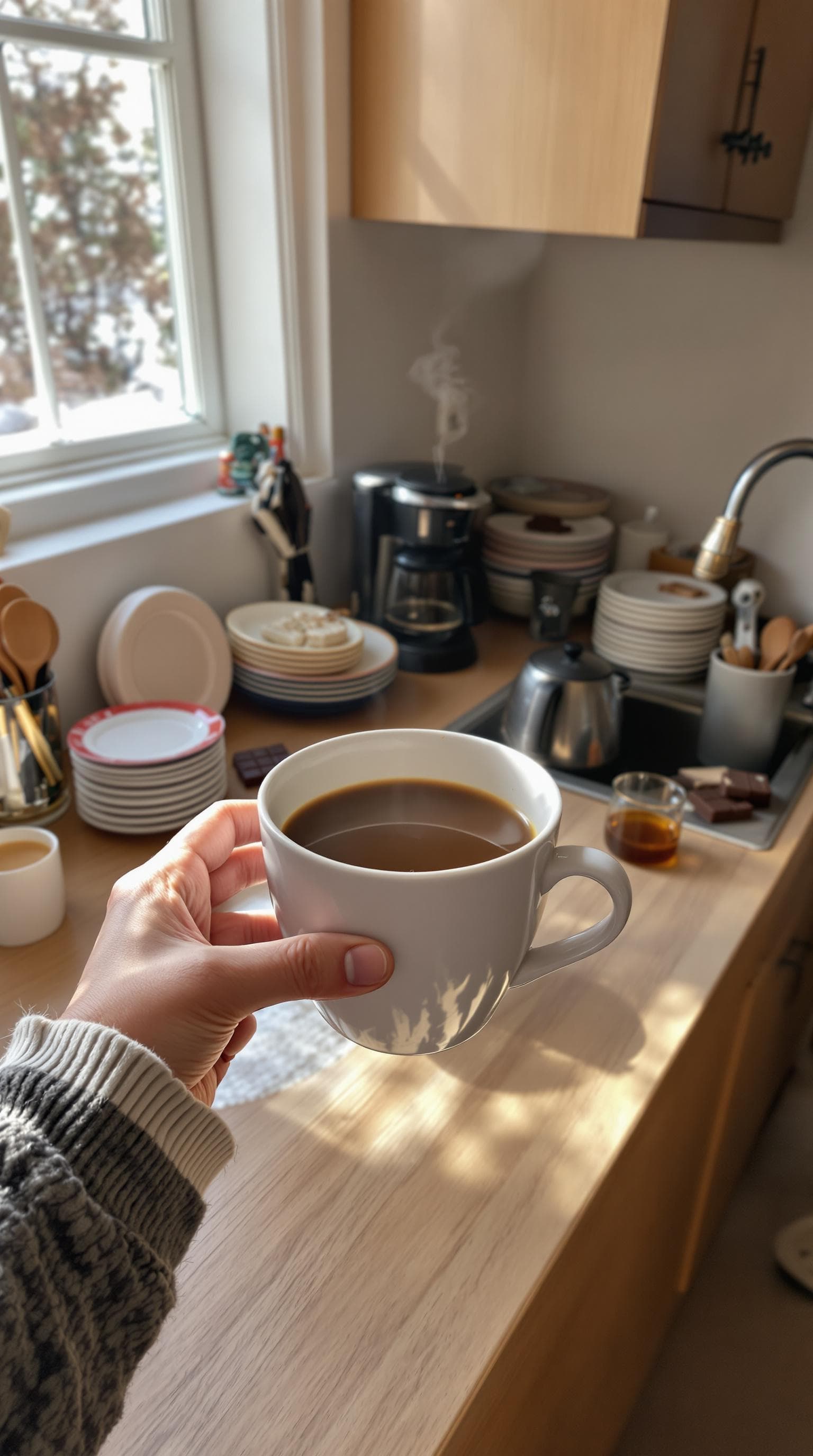 AI generated: POV first-person, I am standing in my kitchen, holding a cup of coffee. Only my hands are visible in...