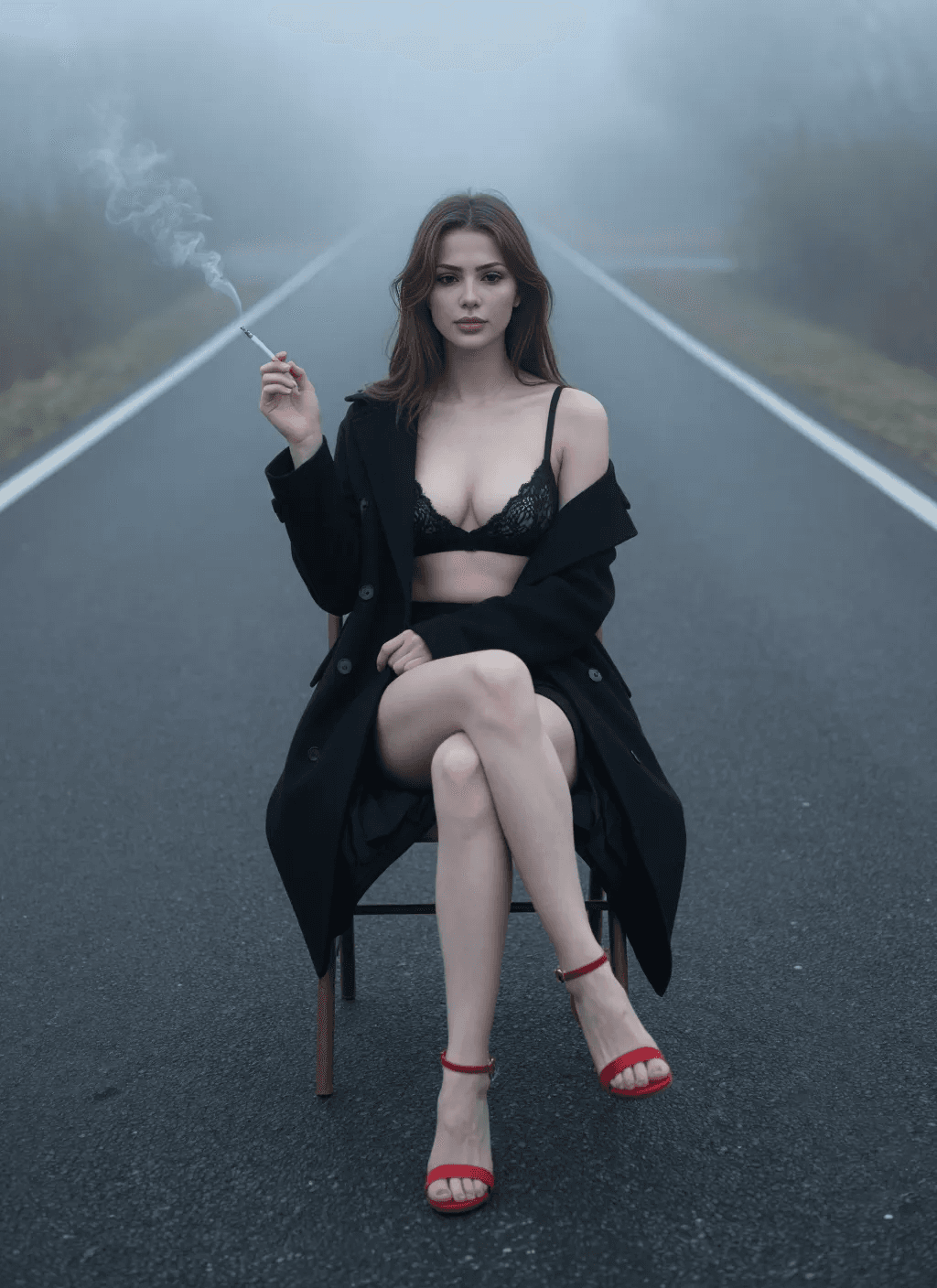 AI generated: In the photo, a slender girl is sitting on a chair in the middle of an asphalt road surrounded by fo...