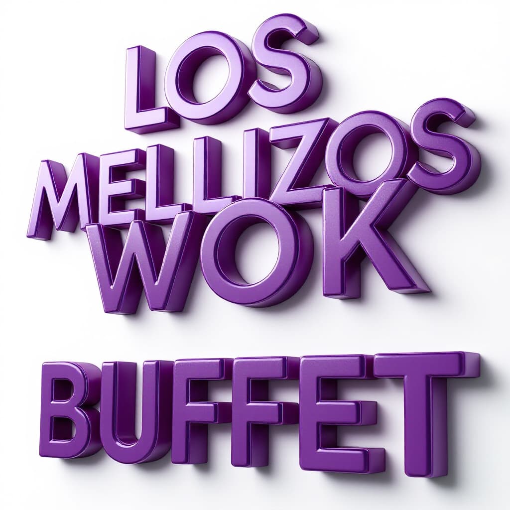 AI generated: Raised letters of "Los Mellizos Wok Buffet." The letters are metallic purple and are raised and in 3...