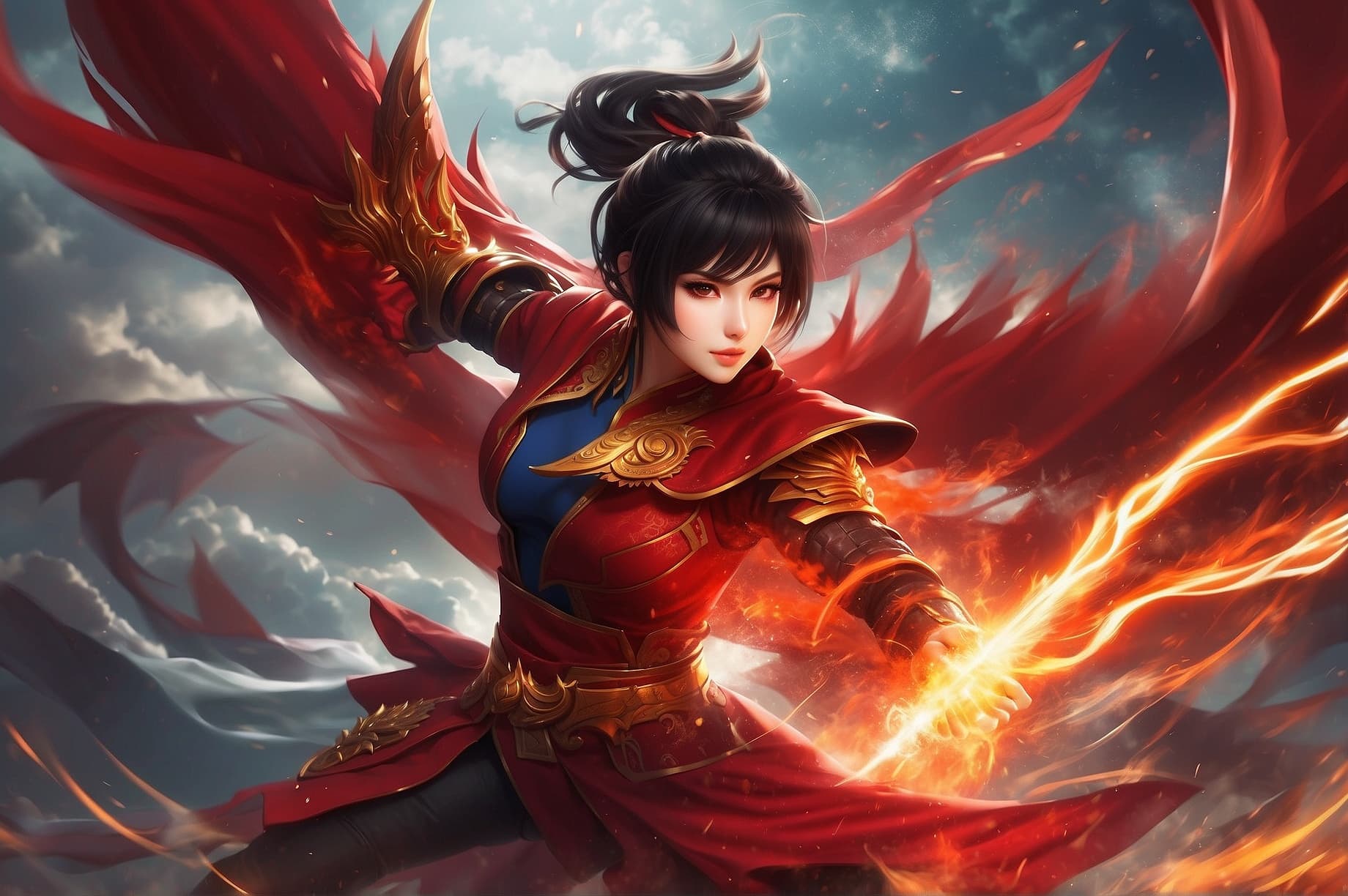 AI generated: An anime fierce female character, fierce red dragon-inspired clothing, dynamic battle pose, Lexeme-T...