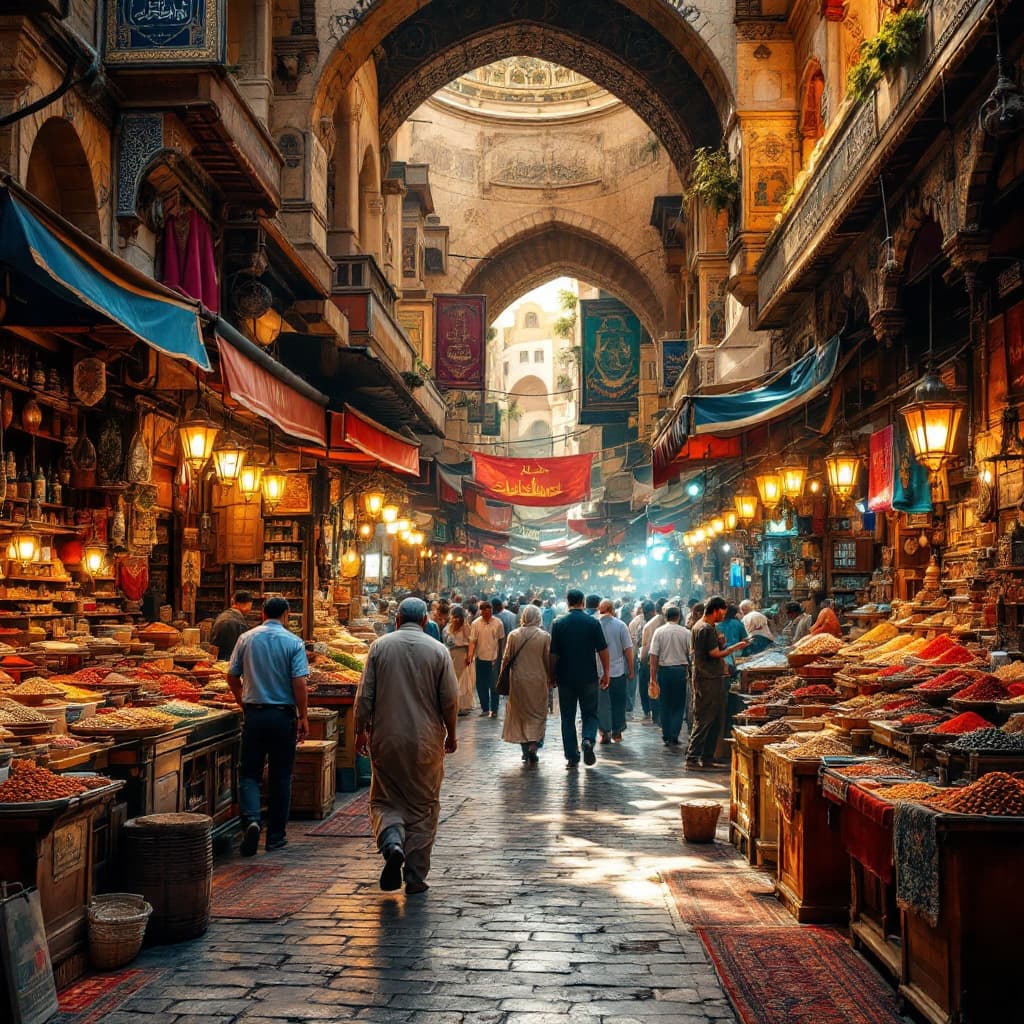 AI generated: "Bustling Khan El Khalili market in Cairo, Egypt, with vibrant stalls, intricate Arabic patterns, ri...