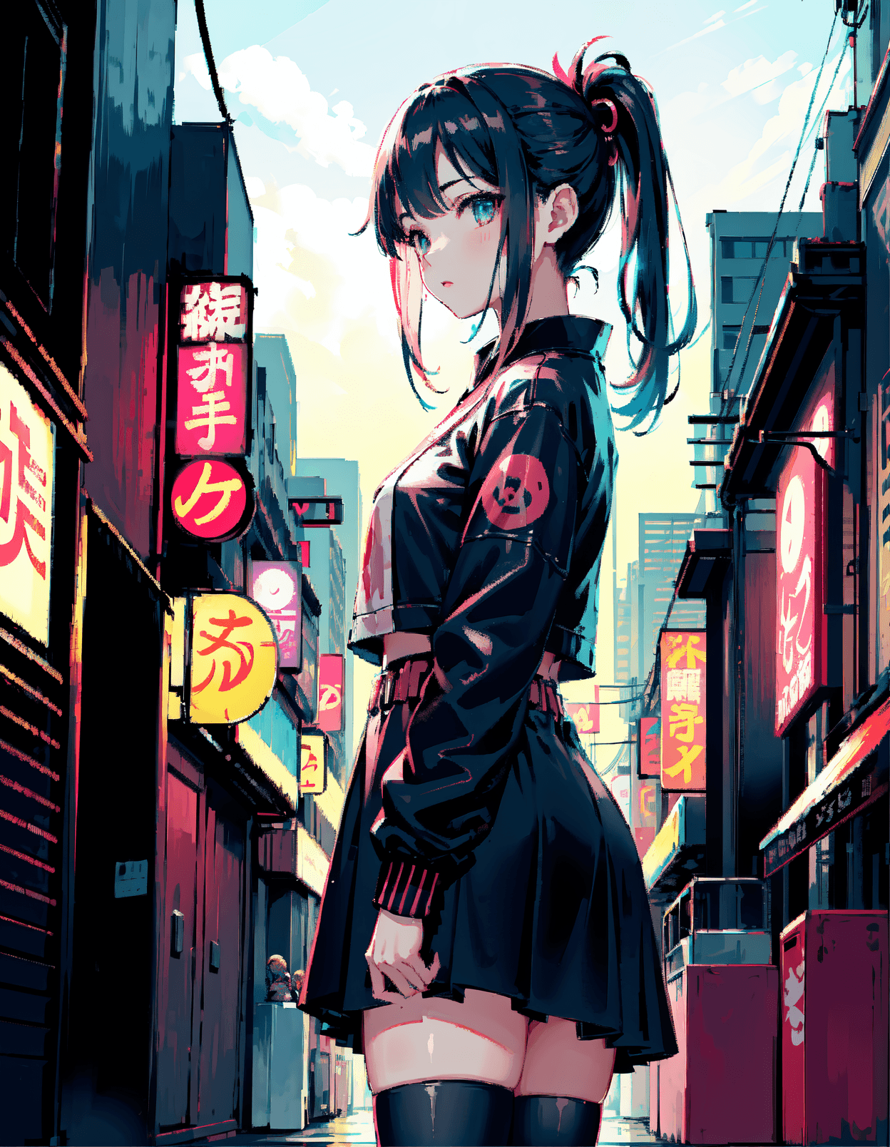 AI generated: Neotokyo Vibrant neon Tokyo street A teenage Girl, Pink and blue hues, crowded shops, retro cabs, ma...