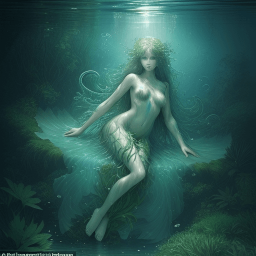 AI generated: full body shot of a beautiful woman as a water nymph, languid pose, submerged, underwater, surrounde...