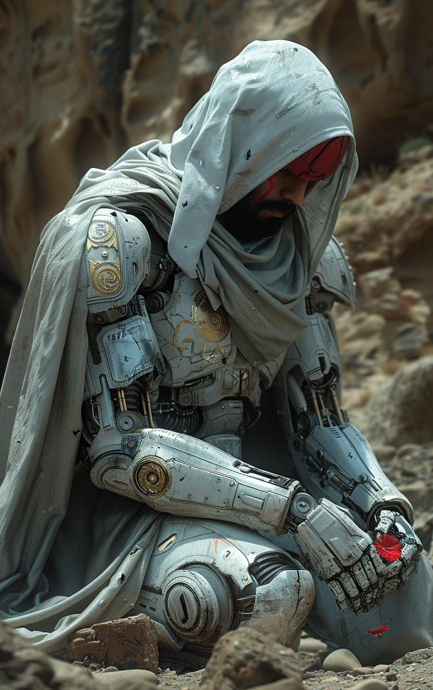 AI generated: 1800s a sikh king, wearing turban and Japanese mecha exoskeleton gundam suit warhammer; long heavy c...
