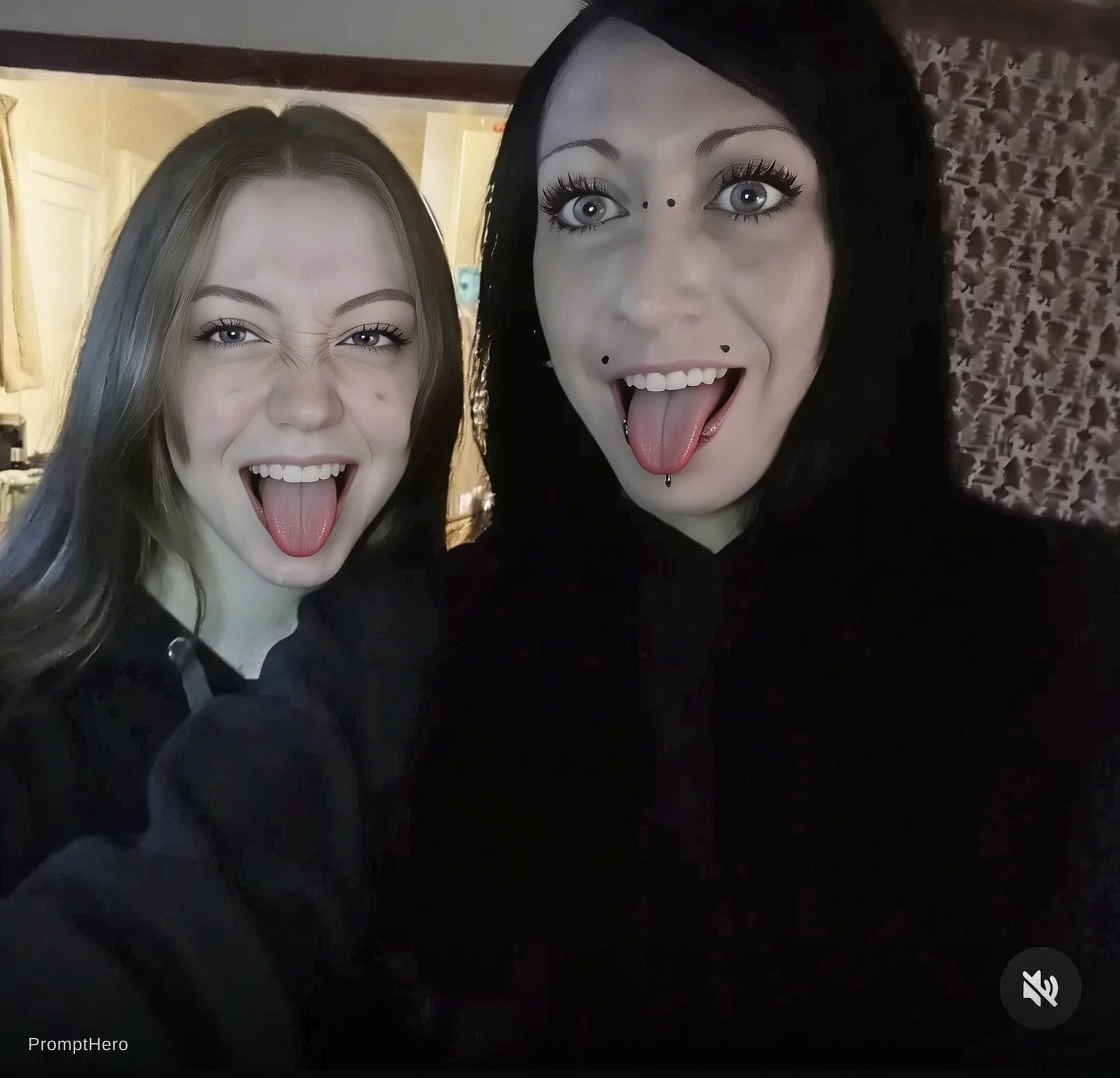 AI generated: Two women extend their tongues out and cross their eyes and smile