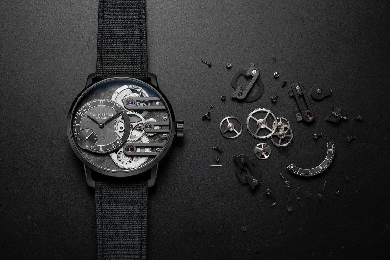AI generated: die Uhr liegt zum teil in ihre Einzeltiele zerlegt auf einem schwarzen metall untergrund. 