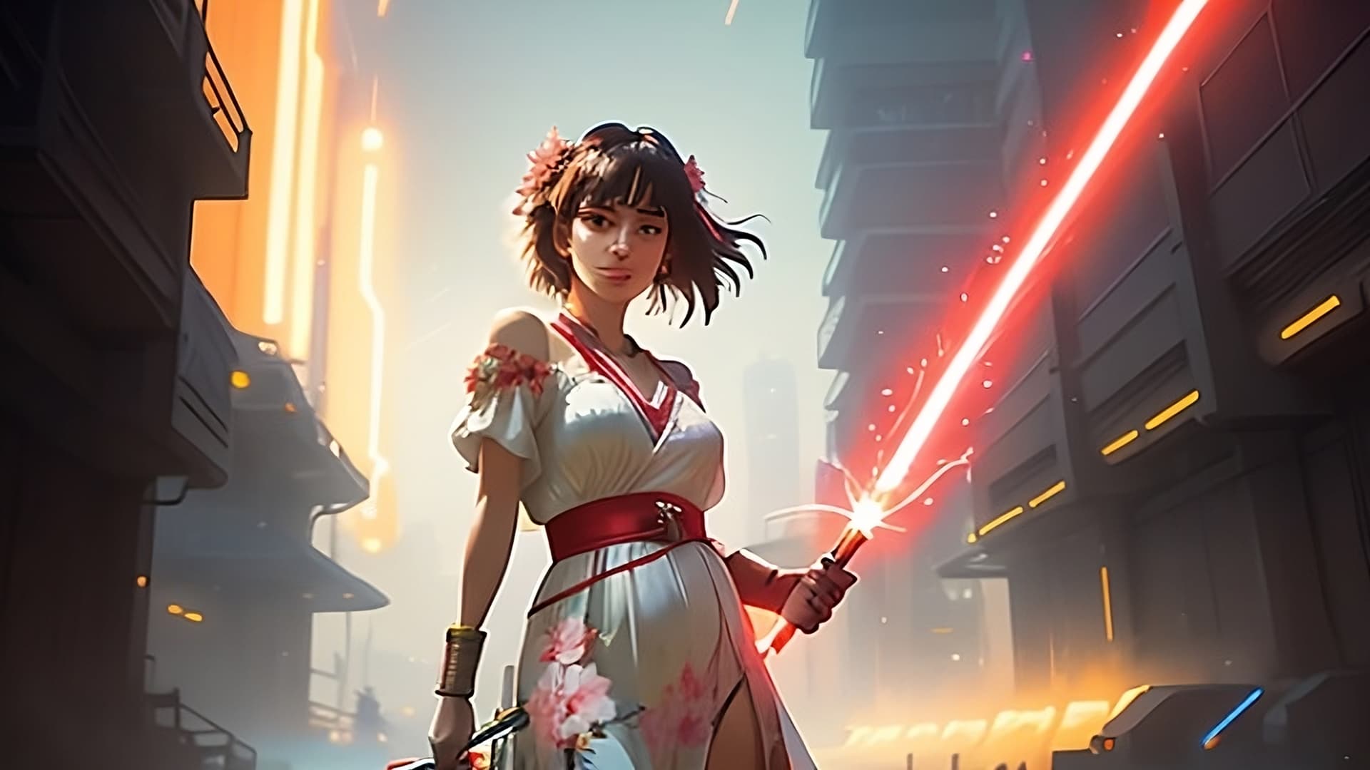 AI generated: girl, gorgeous face, dressed with a flowered dress, holding a light red saber pointed foward, cyberp...