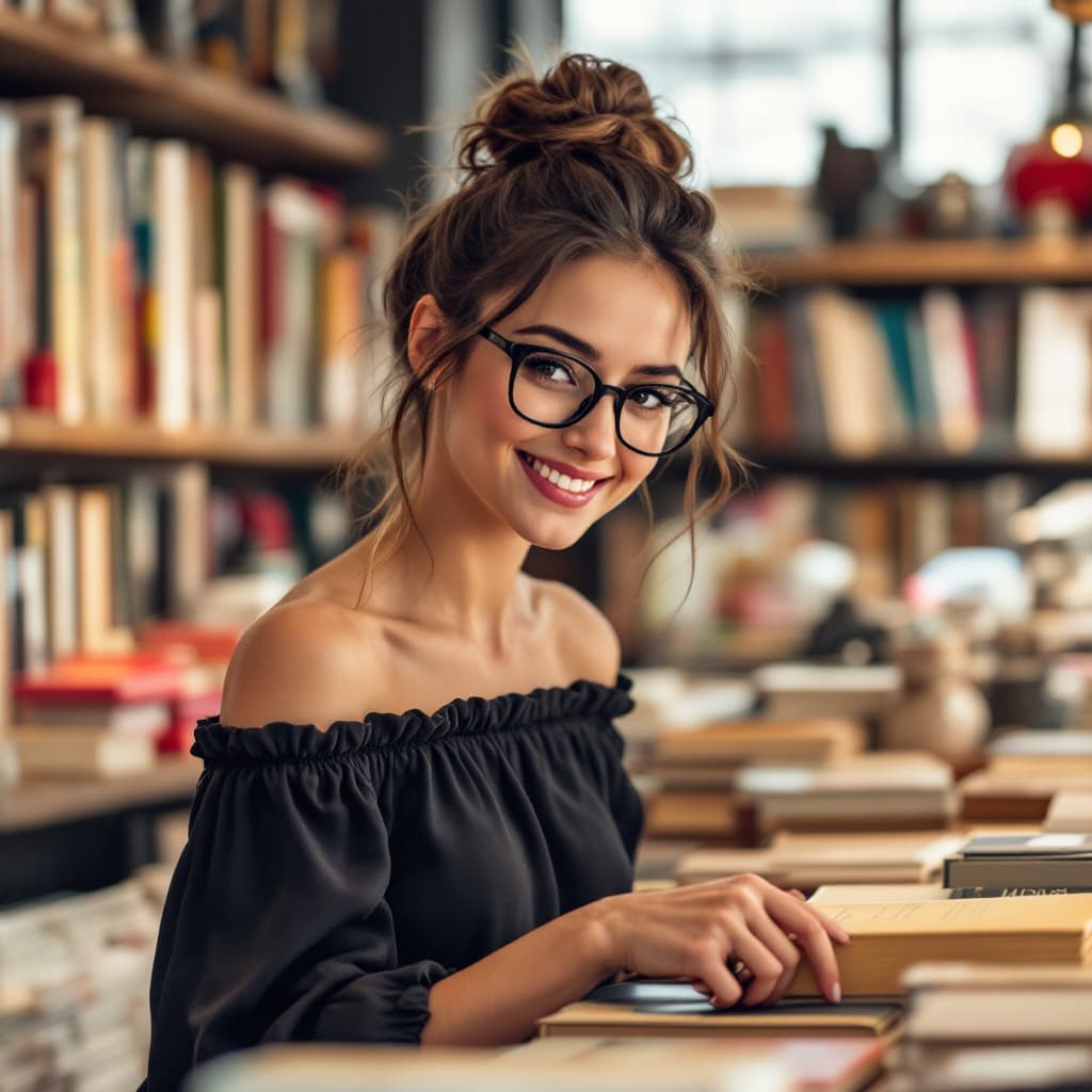 AI generated: Keeley hazell, dark brown messy bun, ample chest, thick thigh, long leg,  inside a stylish bookstore...