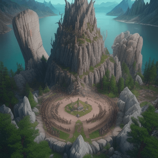 AI generated: Vikings in the fray, in battle. Bird's eye view Incredible, fabulous and beautiful large scale rocky...