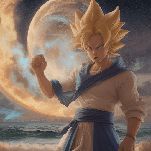 AI generated: Super Saiyan Vegito from anime Dragon Ball, charging Ki, on the the sea