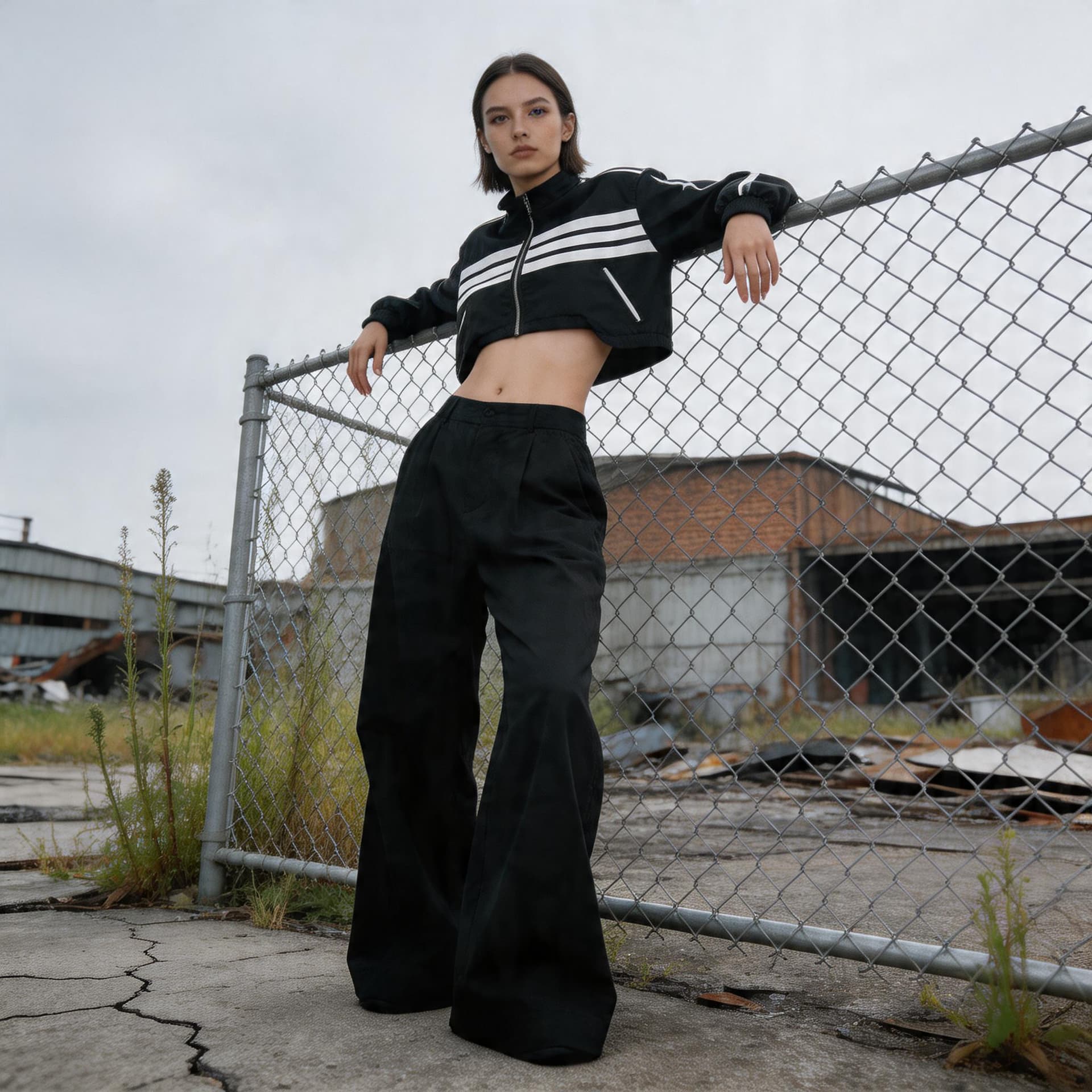 AI generated: Fashion photo of a Female model with boyish silhouette wearing cropped racing jacket and wide-leg pa...