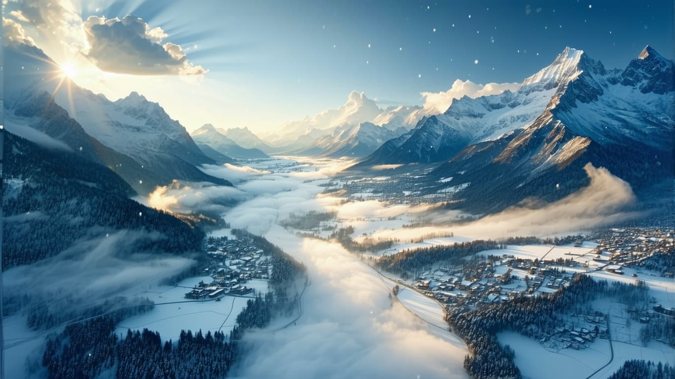 AI generated: snowy valley, with steep mountains around, detailed 4k, drone-like perspective from above in the sky...
