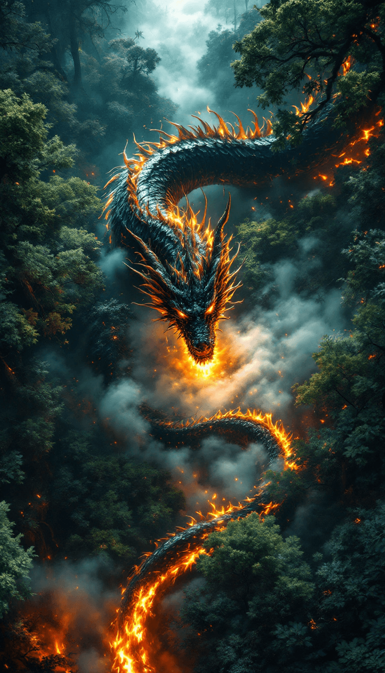 AI generated: Top down aerial shot looking down at a dragon in a forest on fire --v 6.0 --style raw
