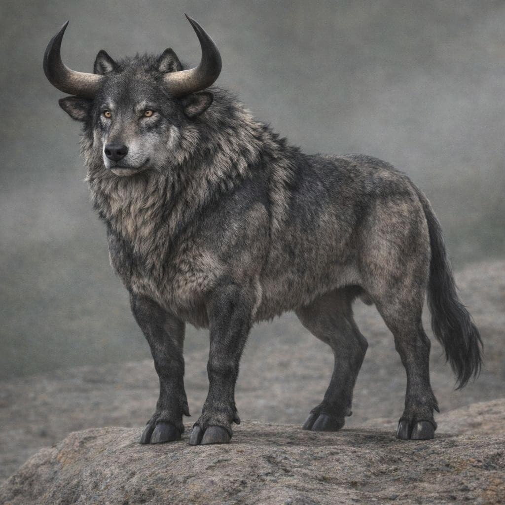 AI generated: create a new creature that is a mix of a bull and Wolf