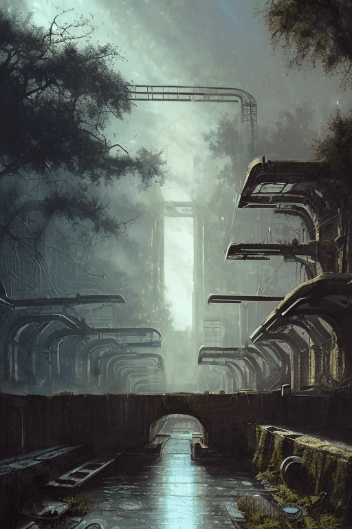 AI generated: overgrown river canal in ruined apocalyptic sci-fi city, stone plazas, stone steps, temples, sci-fi ...