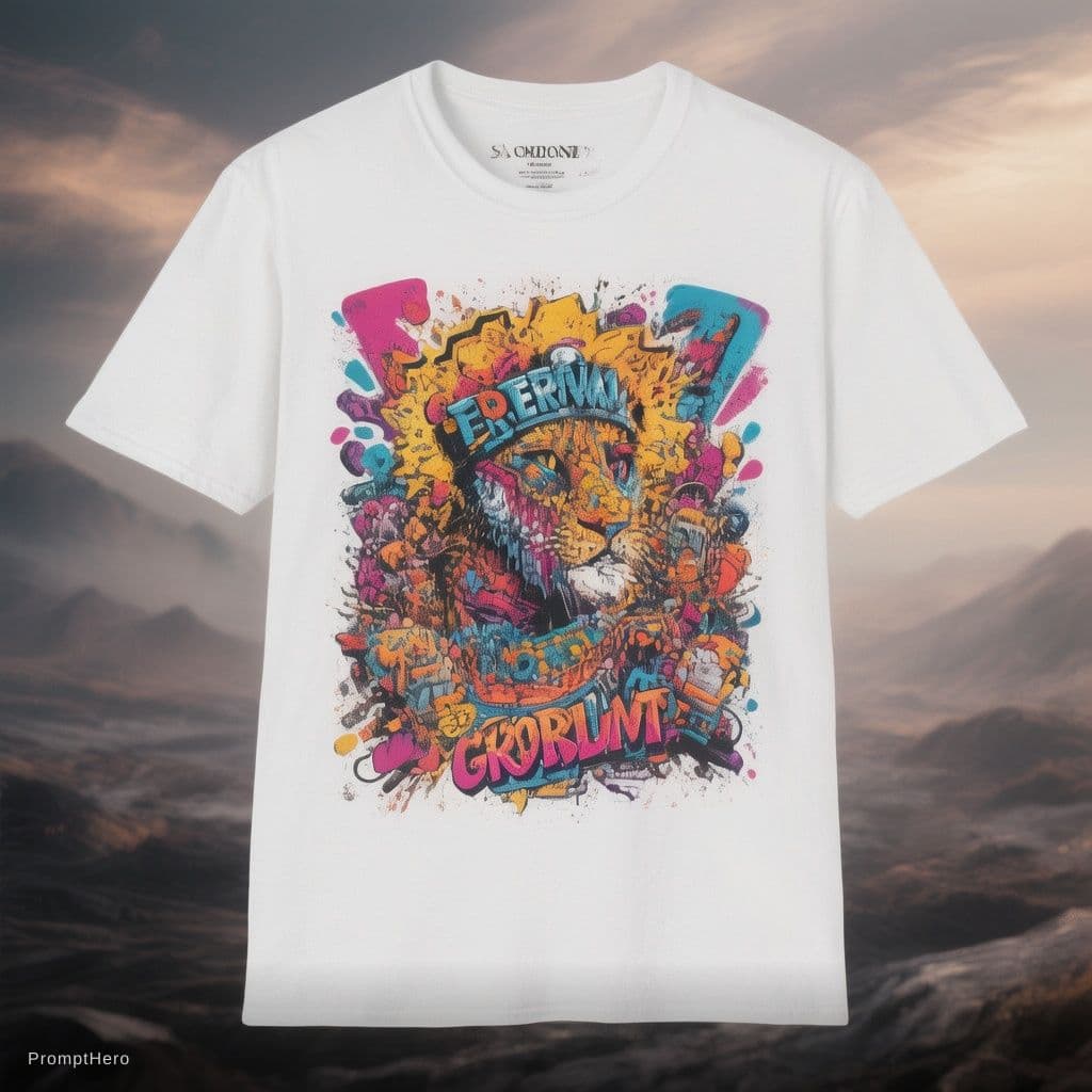 AI generated: t shirt blanc imprimé avec des couleurs éclatante au devant ,